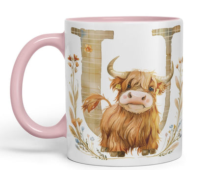 Vixar Highland Cow Alphabet Monogram Coloured Ceramic Cup Mug – Letter U – Rustic Farmhouse Animal Letter Gift – 11oz (Black)