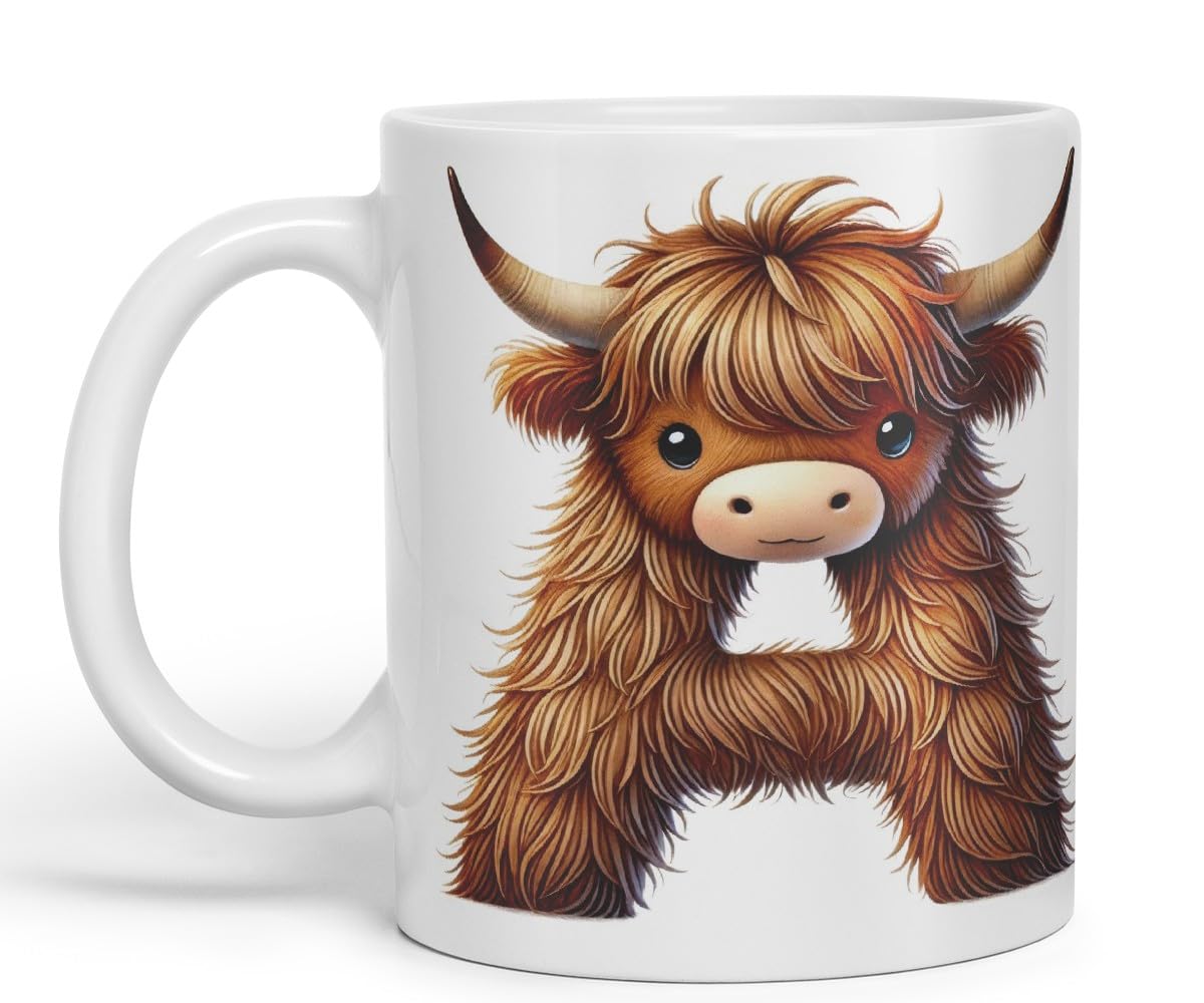 Highland Cow Alphabet Monogram Coloured Ceramic Cup Mug Letter A Rustic Farmhouse Animal Letter Gift V2 11oz (Black)