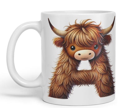 Highland Cow Alphabet Monogram Coloured Ceramic Cup Mug Letter A Rustic Farmhouse Animal Letter Gift V2 11oz (Black)