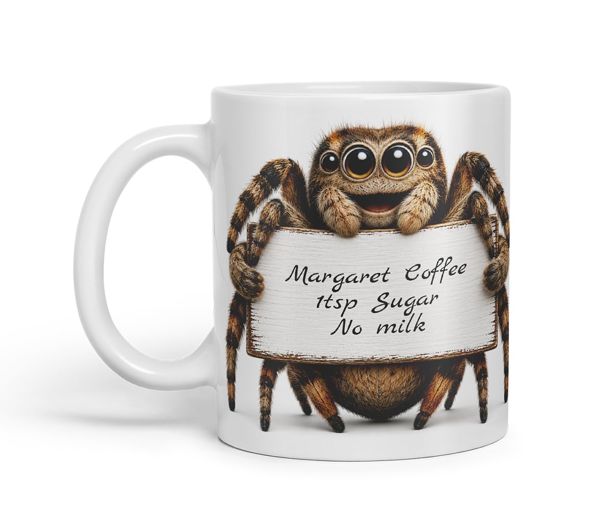 Vixar Personalised Spider Mug with Name or Custom Message – Cute Animal Coloured Ceramic Mug Cup Gift, 11oz (Black)