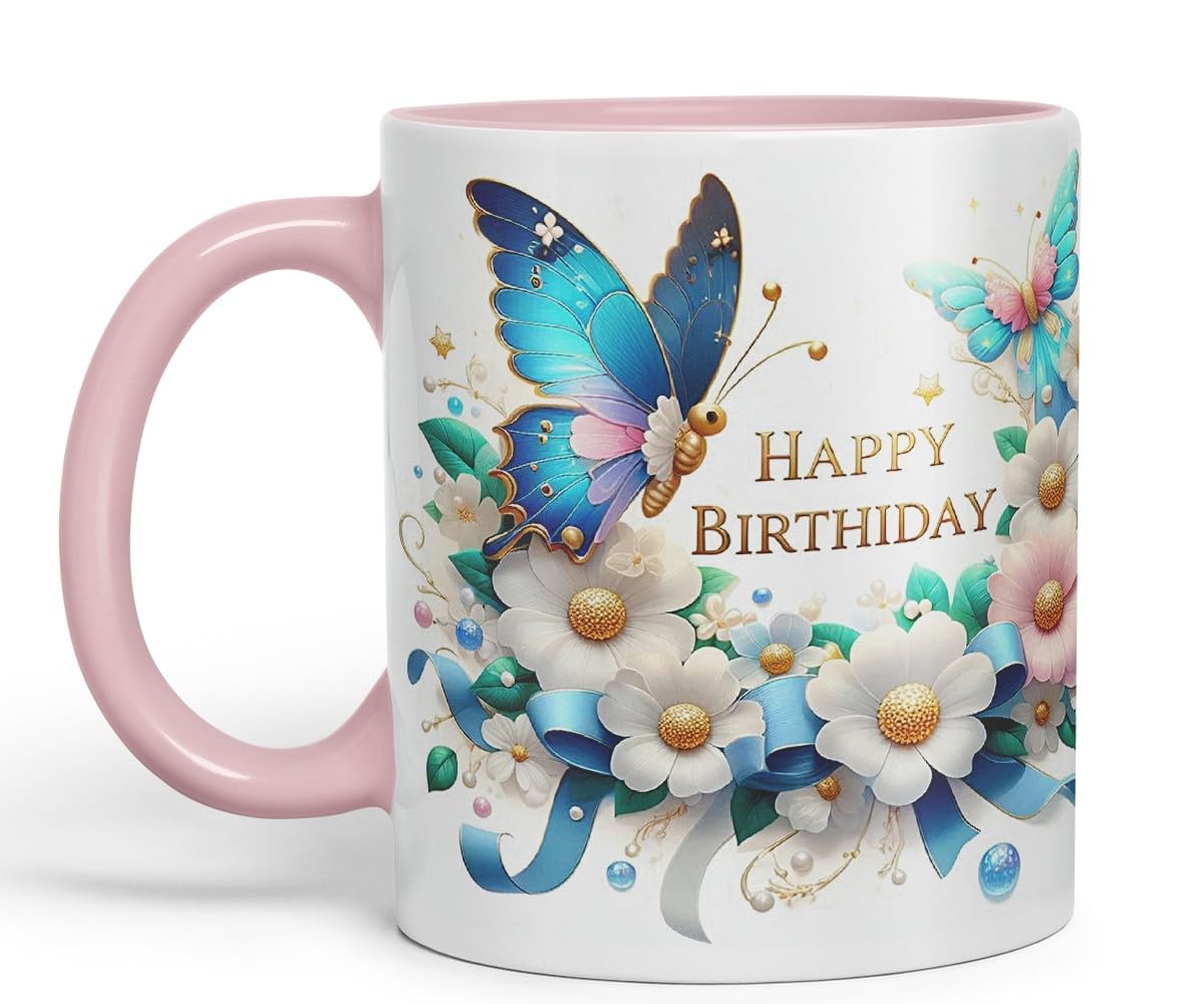Vixar Happy Birthday Pearl Accents Butterflies Coloured Ceramic Mug Cup Gift 11oz V7 (Black)