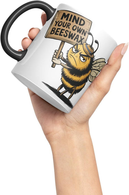 Vixar Mind Your Own Beeswax – Coloured Ceramic Mug Cup Gift, 11oz (Black)
