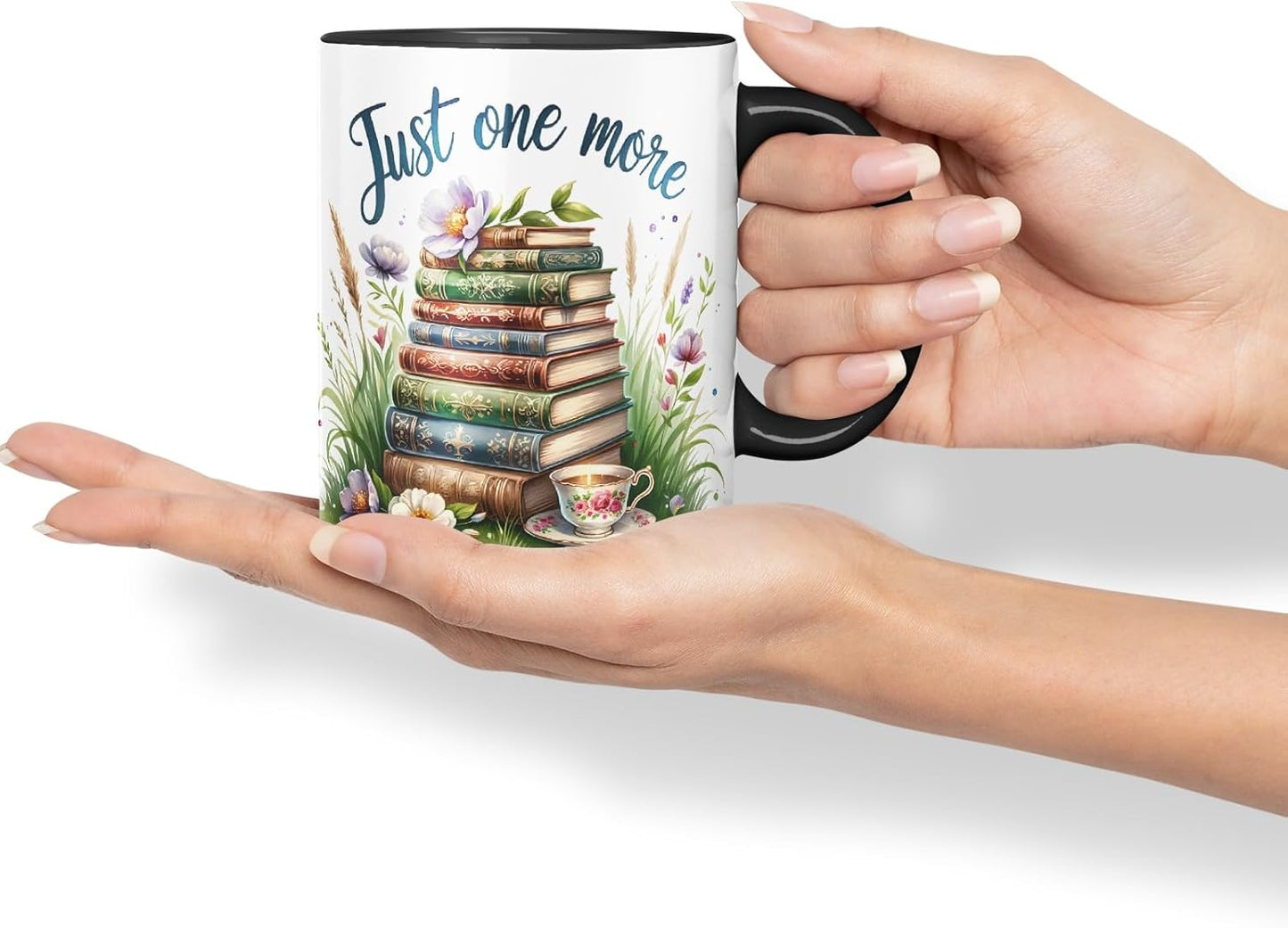 Vixar Just One More Coloured Mug Cup Botanical Reading Gift 11oz (Black)