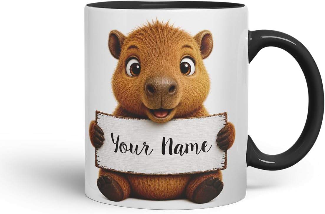 Vixar Personalised Cute Capybara Mug with Name or Custom Message – Cute Animal Coloured Ceramic Mug Cup Gift, 11oz (Black)