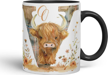 Vixar Highland Cow Alphabet Monogram Coloured Ceramic Cup Mug – Letter V – Rustic Farmhouse Animal Letter Gift – 11oz (Black)