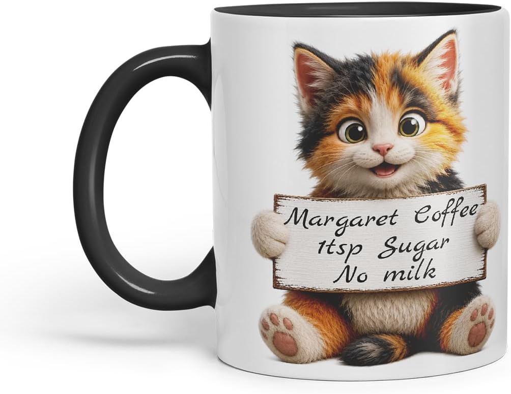 Vixar Personalised Mixed Cat Mug with Name or Custom Message – Cute Animal Coloured Ceramic Mug Cup Gift, 11oz (Black)