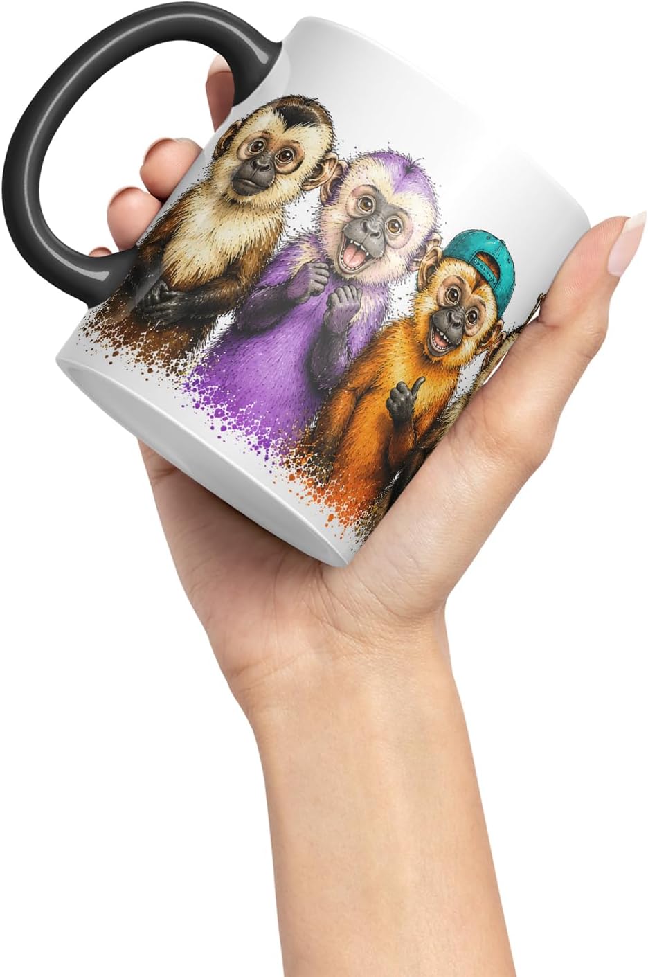Vixar Monkey Mug – Cute Monkey Coloured Ceramic Mug Cup Gift, 11oz (Black)