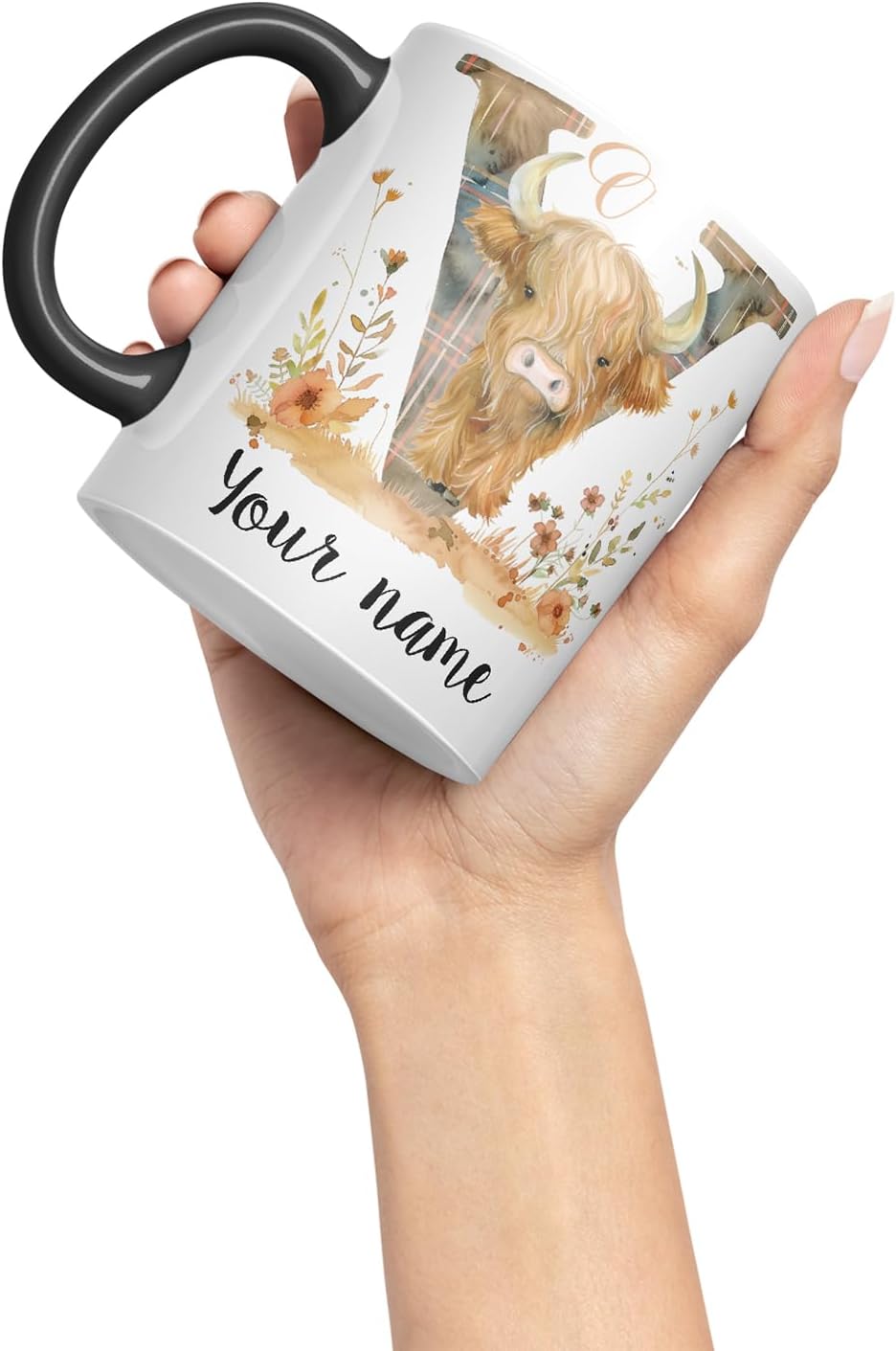 Vixar Personalised Highland Cow Initial Letter V Custom Name Mug – Coloured Ceramic Mug Cup Gift, 11oz (Black)