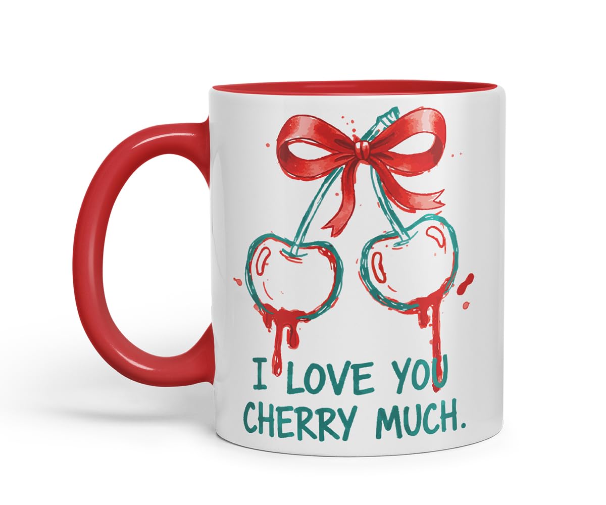 Vixar I Love You Cherry Much Mug – Coloured Ceramic Mug Cup Gift, 11oz (Black)