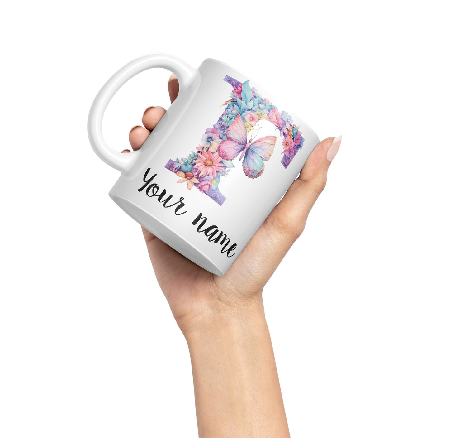 Personalised Letter F mug, Customized Custom Floral flowers butterfly Alphabet Letter F Monogram watercolour Ceramic Coloured Mug Cup for Tea Coffee Hot brew 330ml 11Oz Gift