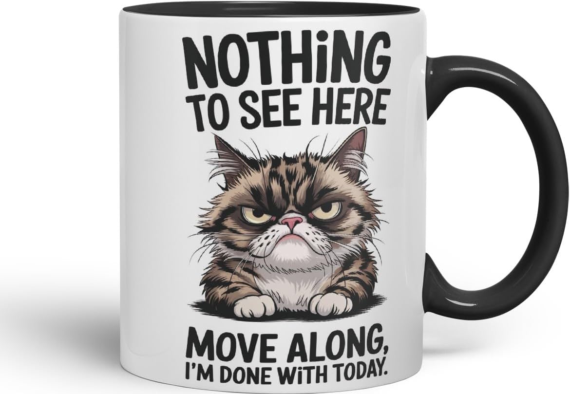 Vixar Nothing to See Here Move Along Cat Mug – Coloured Ceramic Mug Cup Gift, 11oz (Black)