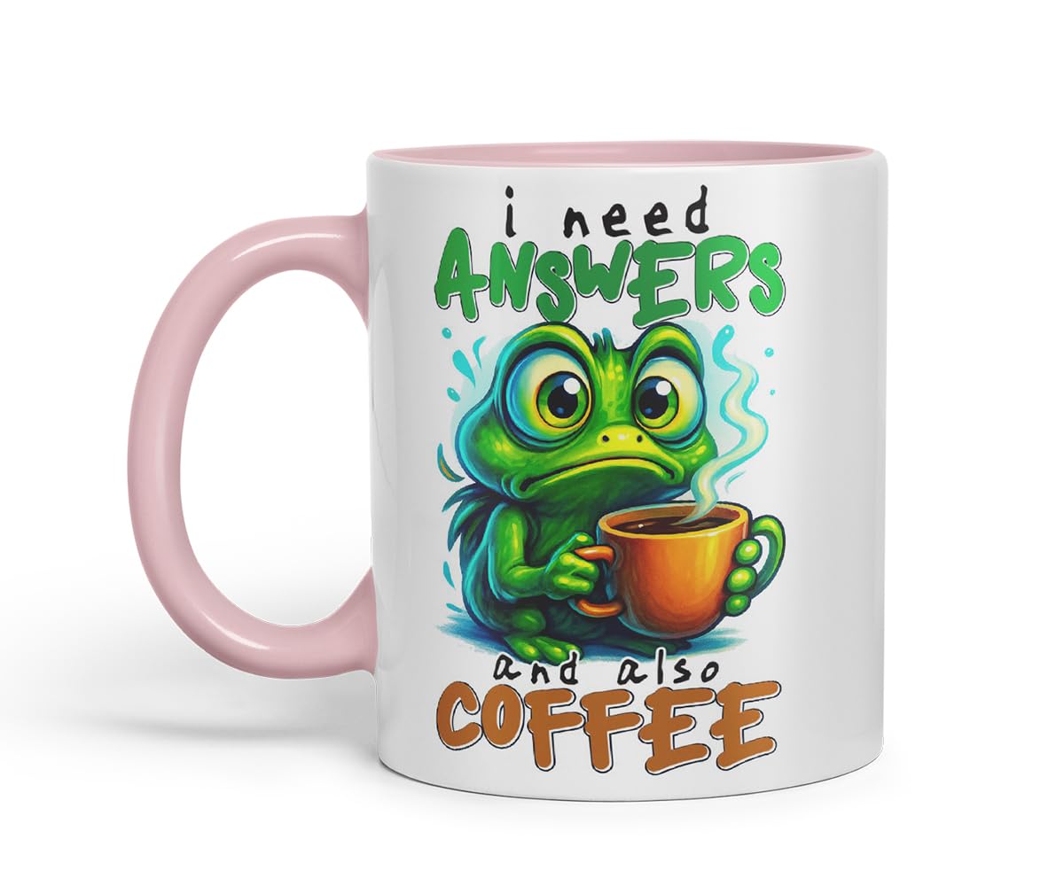 Vixar I Need Answers and Also Coffee Funny Frog Mug – Coloured Ceramic Mug Cup Gift, 11oz (Black)