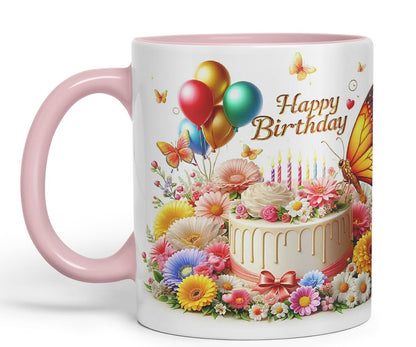 Vixar Happy Birthday Cake and Balloons Coloured Ceramic Mug Cup Gift 11oz V3 (Black)
