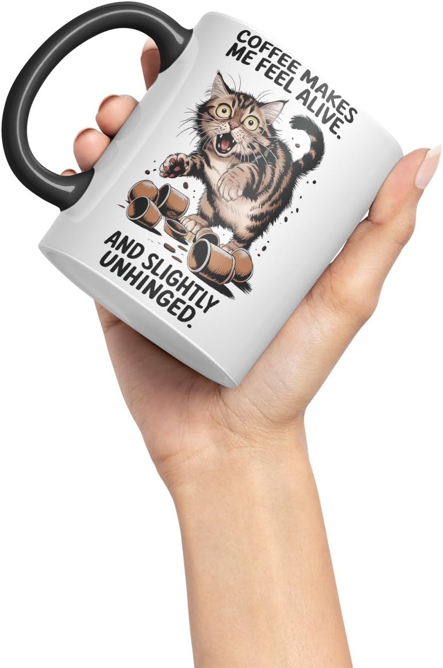 Vixar Coffee Makes Me Feel Alive and Slightly Unhinged Cat Mug – Coloured Ceramic Mug Cup Gift, 11oz (Black)