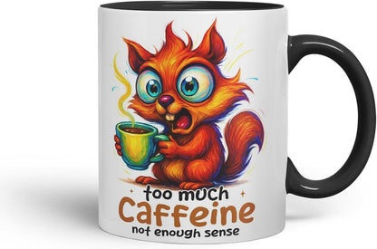 Vixar Too Much Caffeine Not Enough Sense Funny Squirrel Coffee Mug – Coloured Ceramic Mug Cup Gift, 11oz (Black)