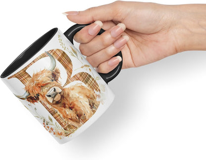 Vixar Highland Cow Alphabet Monogram Coloured Ceramic Cup Mug – Letter B – Rustic Farmhouse Animal Letter Gift – 11oz (Black)