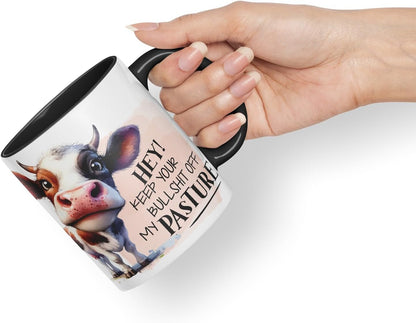 Vixar Hey! Keep Your Bullshit Off My Pasture Cow Coloured Ceramic Mug Cup Gift, 11oz (Black)