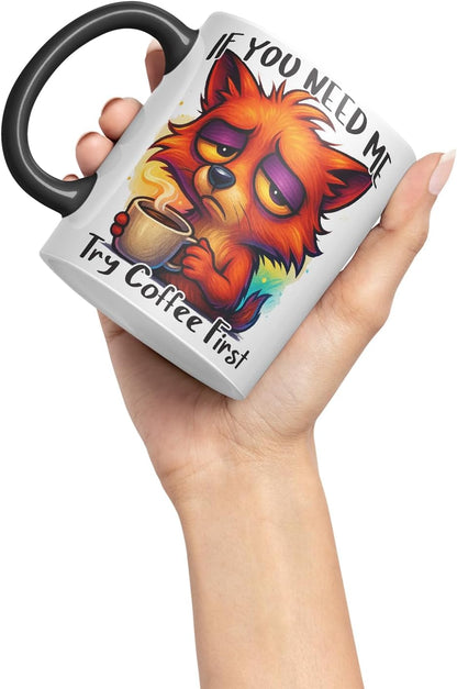 Vixar If You Need Me Try Coffee First Funny Fox Mug – Coloured Ceramic Mug Cup Gift, 11oz (Black)