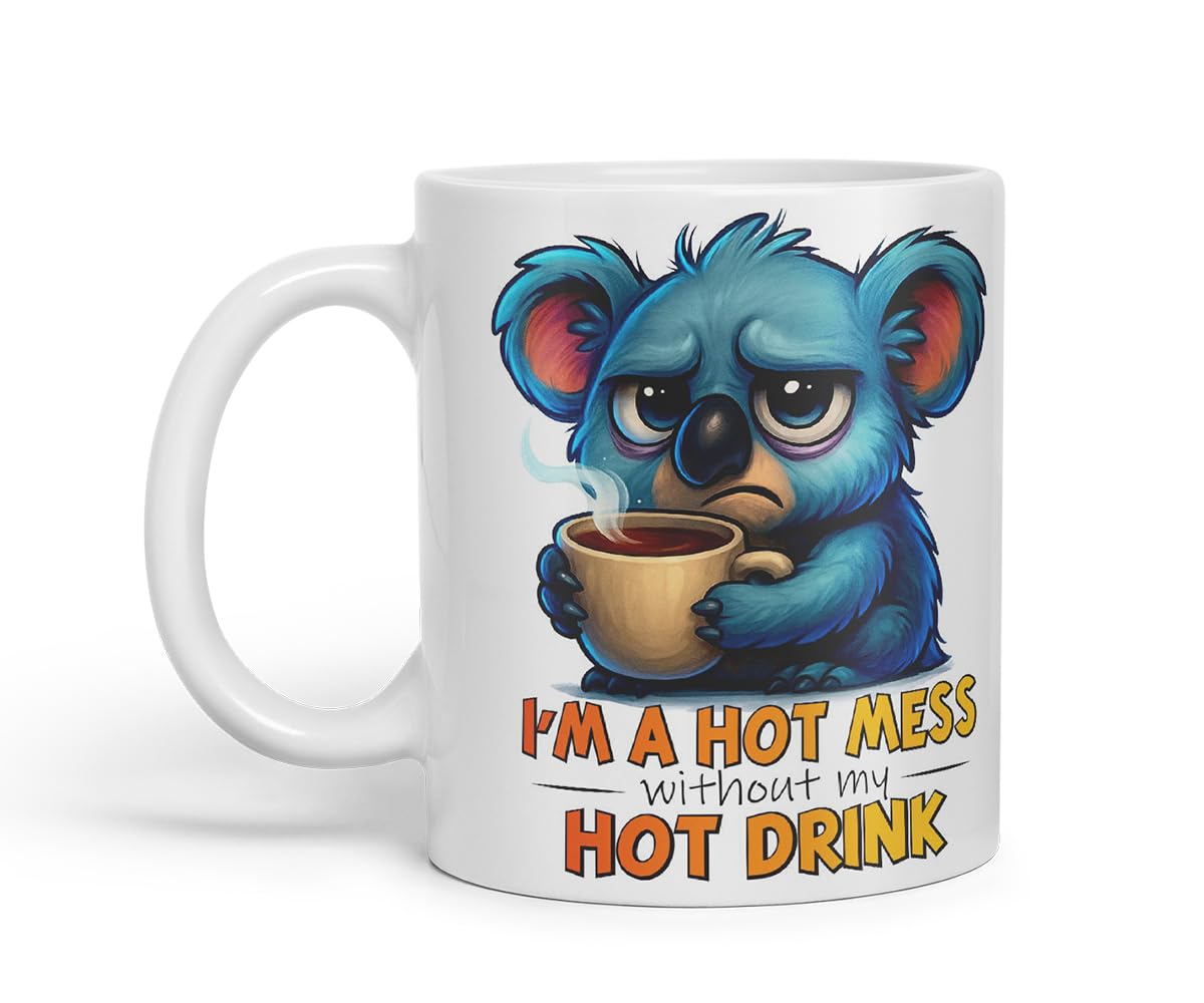 Vixar I'm A Hot Mess Without My Hot Drink Funny Koala Mug – Coloured Ceramic Mug Cup Gift, 11oz (Black)