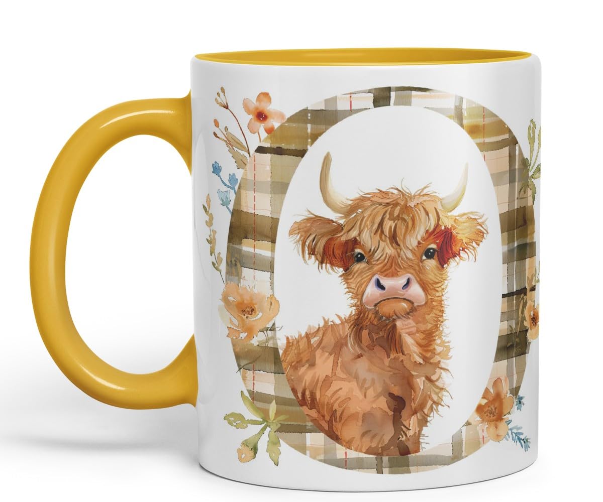 Vixar Highland Cow Alphabet Monogram Coloured Ceramic Cup Mug – Letter O – Rustic Farmhouse Animal Letter Gift – 11oz (Black)