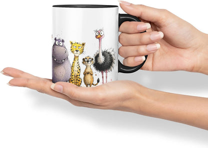 Vixar Funny Safari Animals Mug – Cute Safari Animals Coloured Ceramic Mug Cup Gift, 11oz (Black)