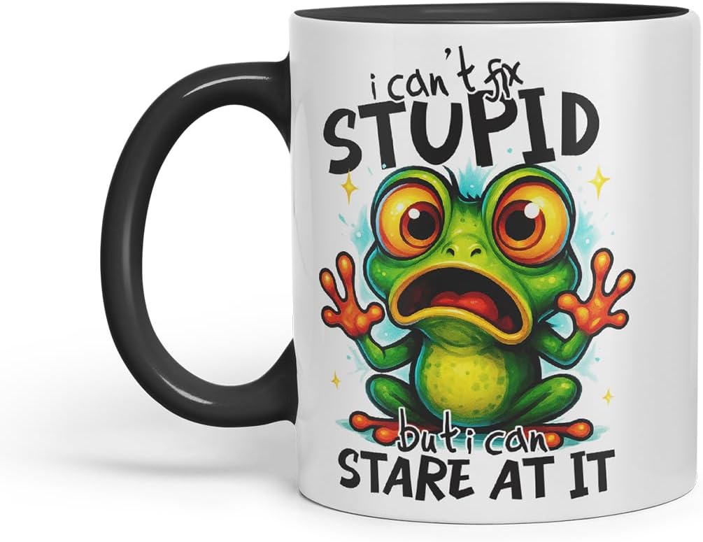 Vixar I Can't Fix Stupid But I Can Stare At It Funny Frog Mug – Coloured Ceramic Mug Cup Gift, 11oz (Black)