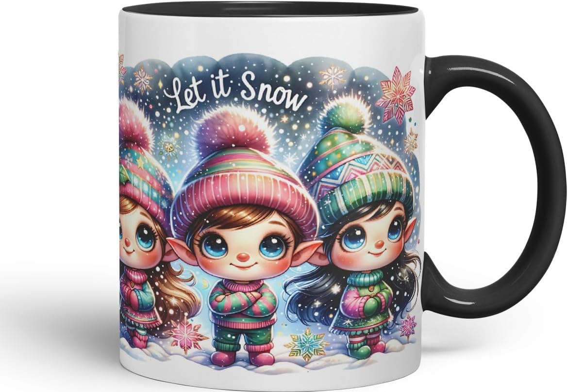 Vixar Let It Snow Cute Christmas Elves Coloured Mug Cup Winter Gift 11oz (Black)