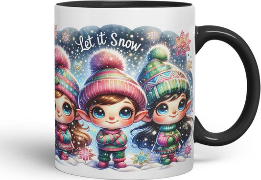 Vixar Let It Snow Cute Christmas Elves Coloured Mug Cup Winter Gift 11oz (Black)