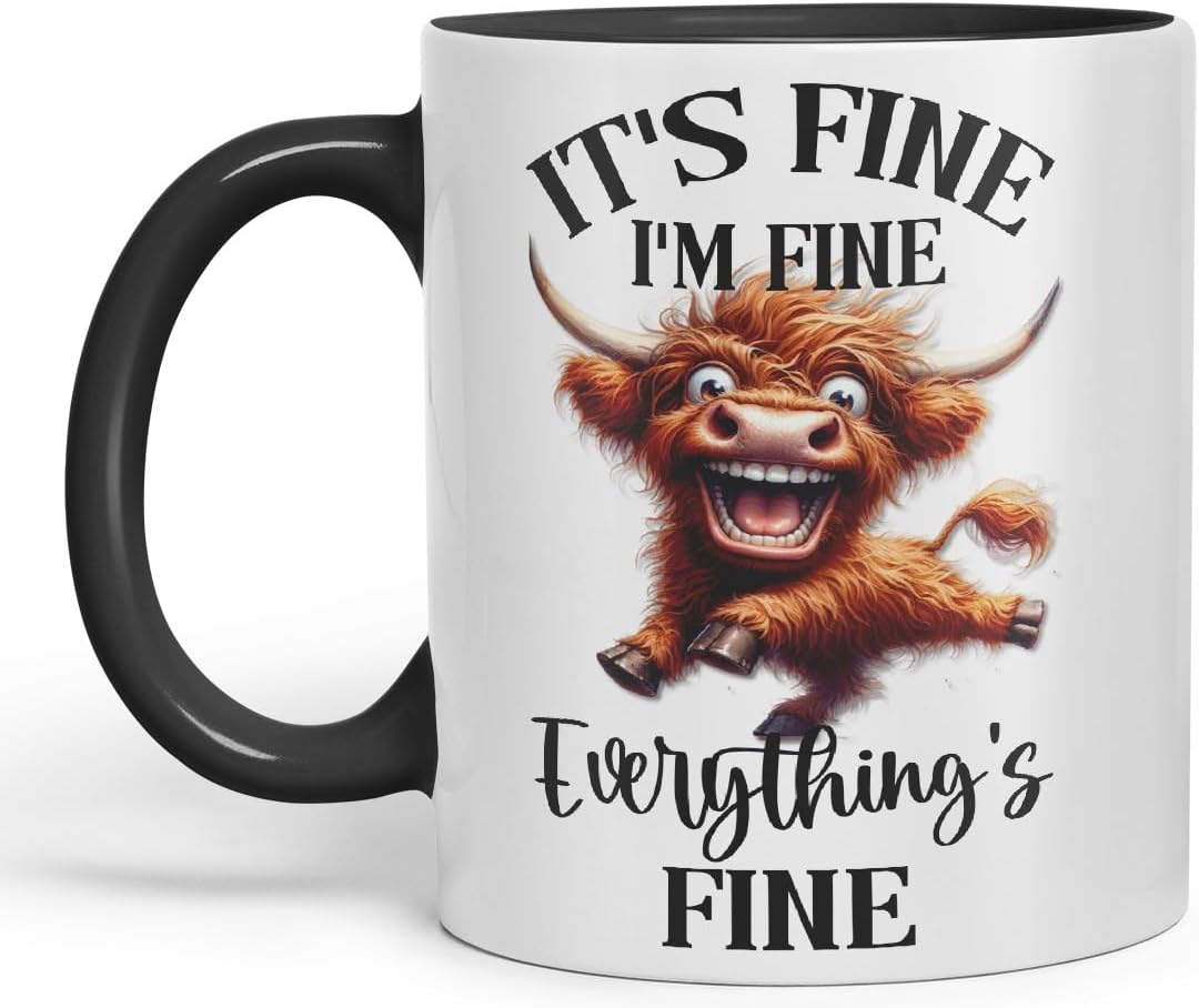 Vixar It's Fine I'm Fine Everything is ..., Highland Cow Scottish Joke Sarcastic Ceramic Coloured Mug Cup 330ml 11Oz FHC2(Black)
