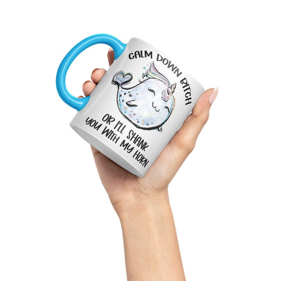 Vixar Unicorn Calm Down B... or I'll Shank You with My Horn Ceramic Coloured Mug Cup Gift Tea Coffee Christmas Office Home Sarcastic Joke