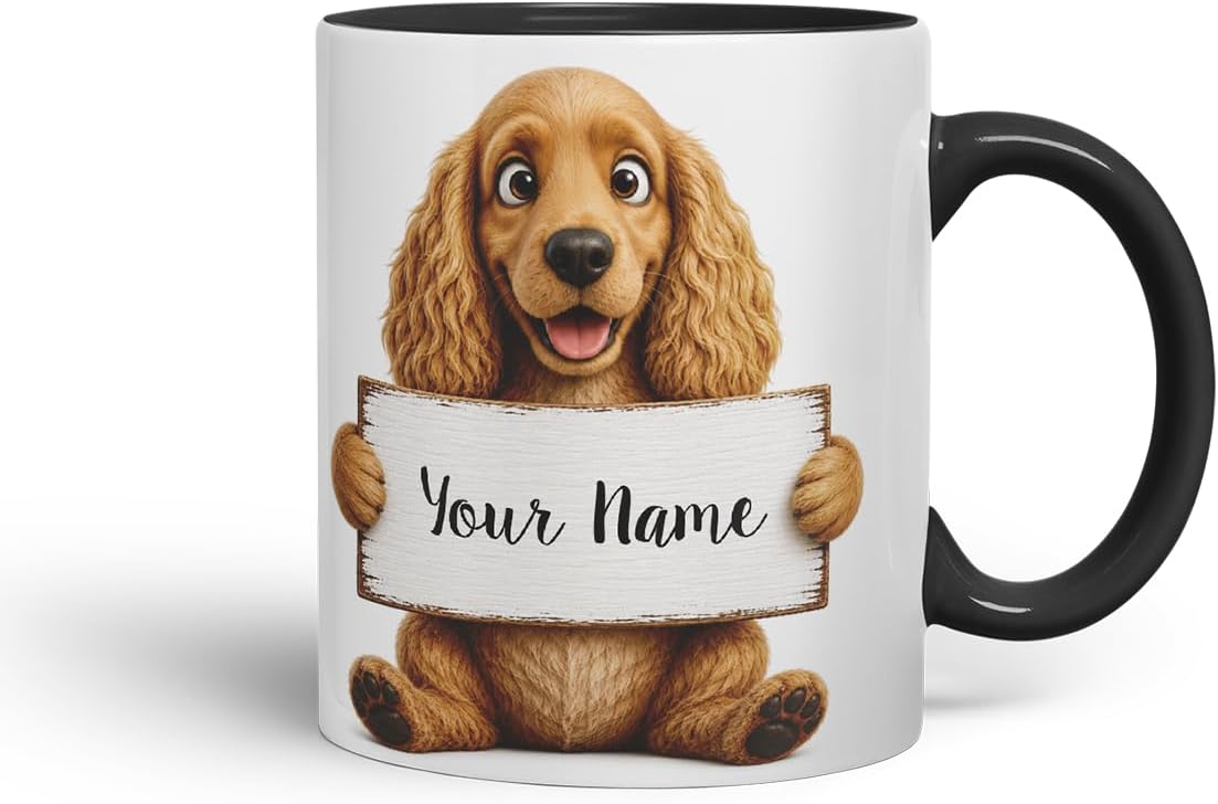 Vixar Personalised Cocker Spaniel Mug with Name or Custom Message – Cute Animal Coloured Ceramic Mug Cup Gift, 11oz (Black)