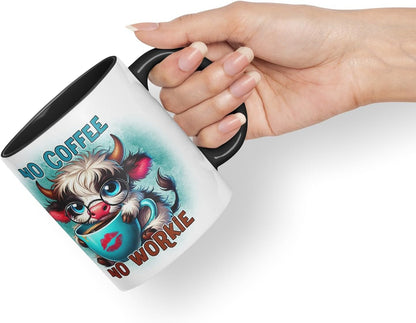Vixar No Coffee No Workie Highland Cow Coloured Ceramic Mug Cup Gift for Coffee Lovers 11oz (Black)