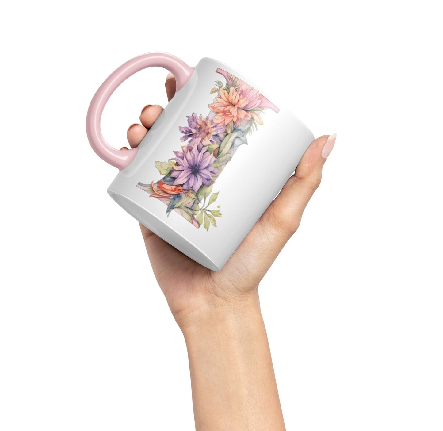 Letter I mug, Floral flowers butterfly Alphabet Letter I Monogram watercolour Ceramic Coloured Mug Cup for Tea Coffee Hot brew 330ml 11Oz Gift