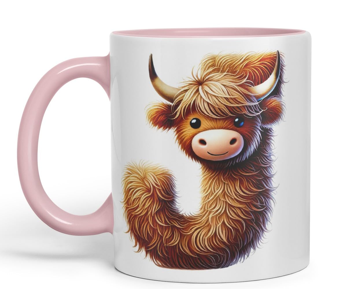 Highland Cow Alphabet Monogram Coloured Ceramic Cup Mug Letter J Rustic Farmhouse Animal Letter Gift V2 11oz (Black)