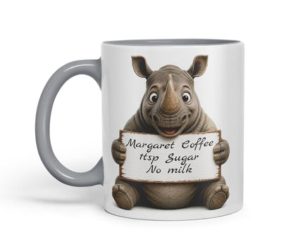 Vixar Personalised Rhino Mug with Name or Custom Message – Cute Animal Coloured Ceramic Mug Cup Gift, 11oz (Black)