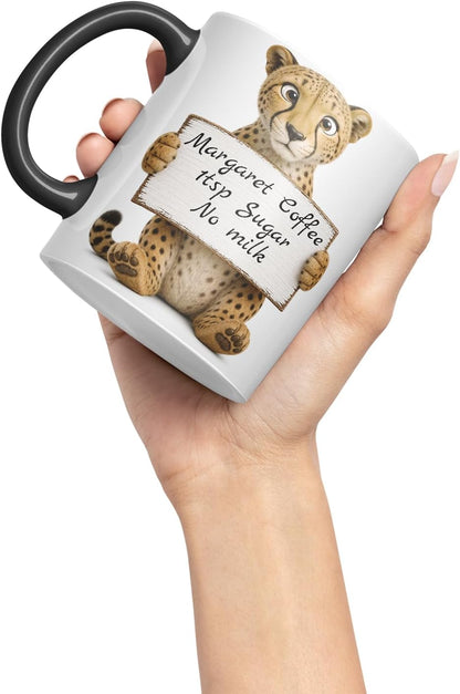 Vixar Personalised Cheetah Mug with Name or Custom Message – Cute Animal Coloured Ceramic Mug Cup Gift, 11oz (Black)