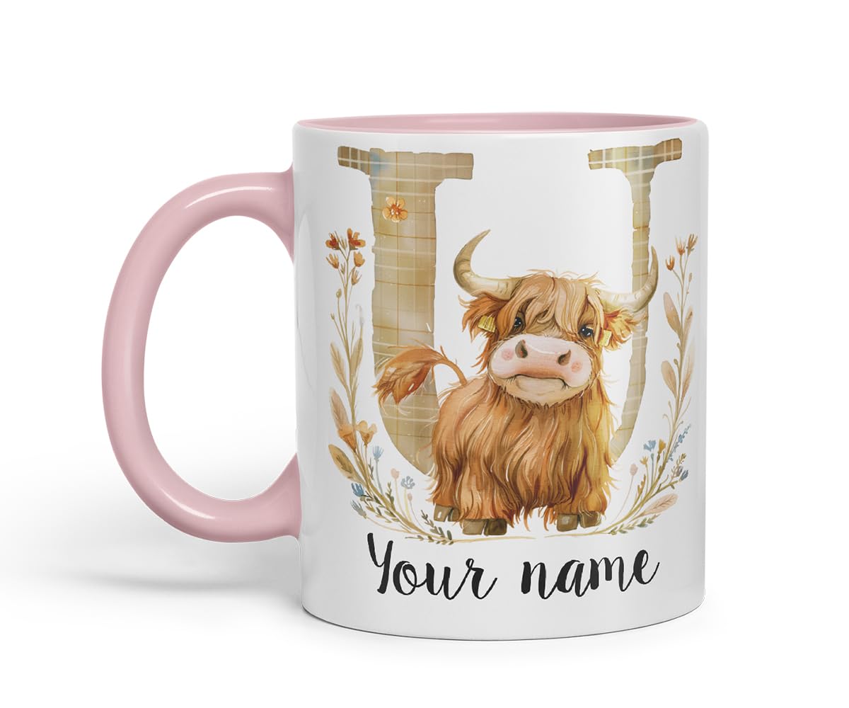 Vixar Personalised Highland Cow Initial Letter U Custom Name Mug – Coloured Ceramic Mug Cup Gift, 11oz (Black)