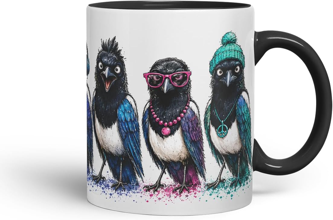 Vixar Magpie Bird Mug – Cute Magpie Bird Coloured Ceramic Mug Cup Gift, 11oz (Black)