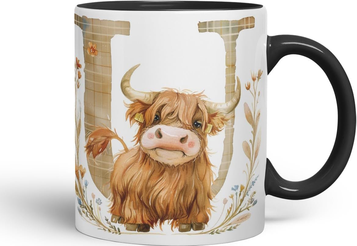 Vixar Highland Cow Alphabet Monogram Coloured Ceramic Cup Mug – Letter U – Rustic Farmhouse Animal Letter Gift – 11oz (Black)