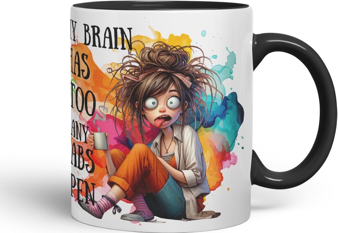 Vixar My Brain Has Too Many Tabs Open Mug – Coloured Ceramic Mug Cup Gift, 11oz (Black)
