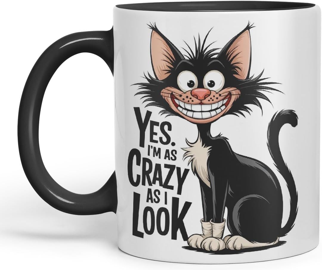 Vixar Yes I’m as Crazy as I Look (Cat) – Coloured Ceramic Mug Cup Gift, 11oz (Black)