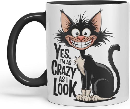 Vixar Yes I’m as Crazy as I Look (Cat) – Coloured Ceramic Mug Cup Gift, 11oz (Black)