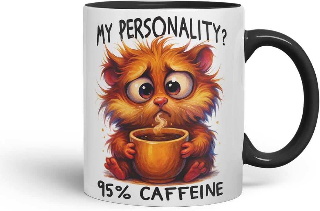 Vixar My Personality 95 Percent Caffeine Funny Cat Mug – Coloured Ceramic Mug Cup Gift, 11oz (Black)