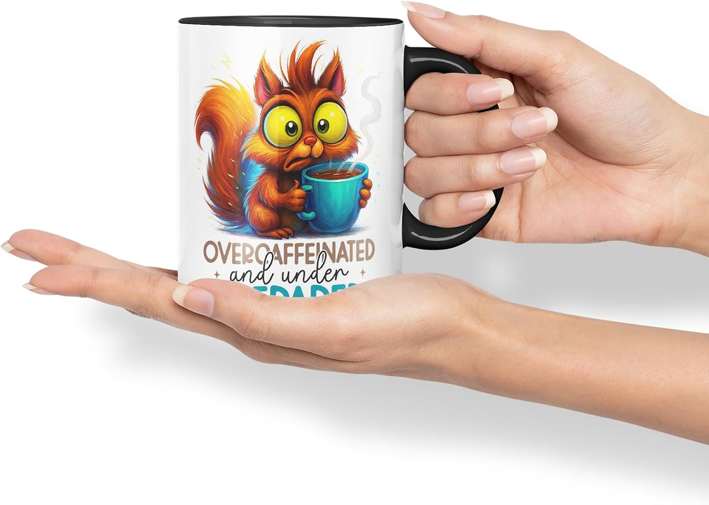 Vixar Overcaffeinated and Underprepared Funny Squirrel Mug – Coloured Ceramic Mug Cup Gift, 11oz (Black)