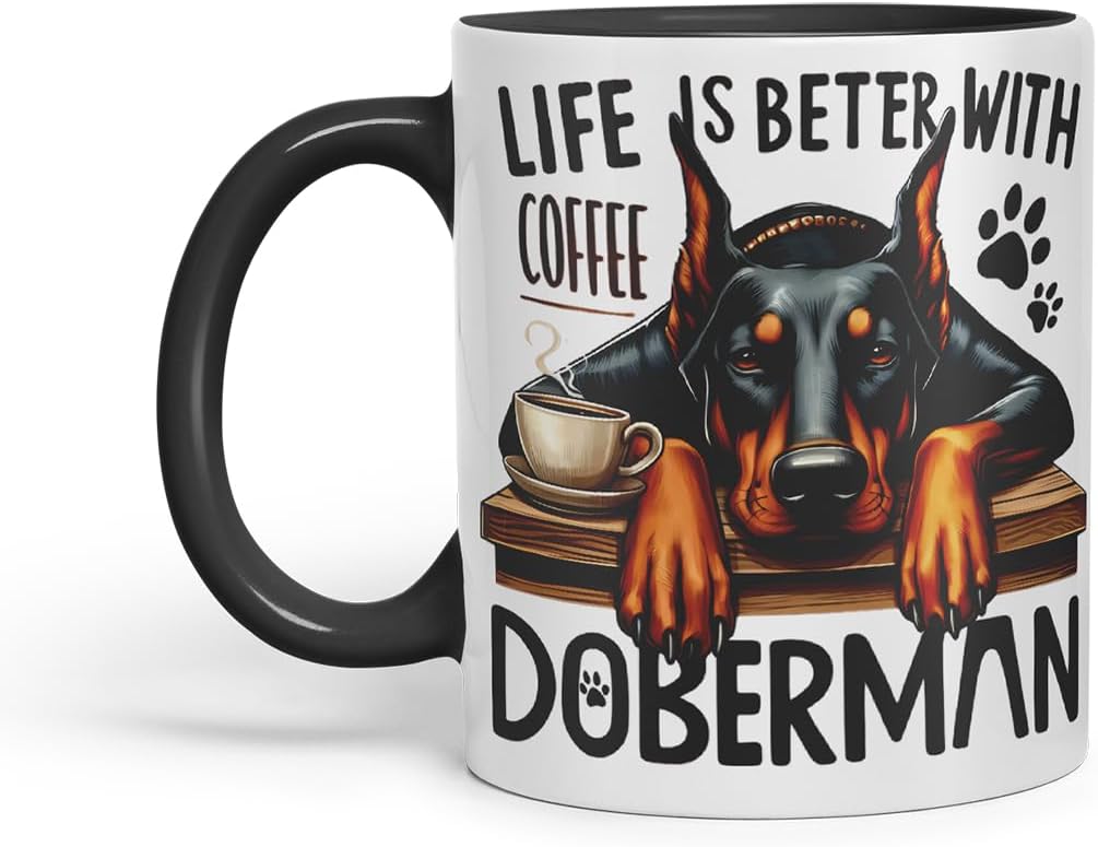 Vixar Life is Better with Coffee Doberman Dog Mug – Coloured Ceramic Mug Cup Gift, 11oz (Black)