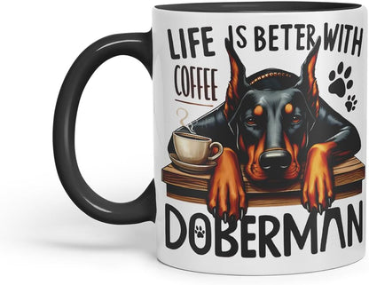 Vixar Life is Better with Coffee Doberman Dog Mug – Coloured Ceramic Mug Cup Gift, 11oz (Black)