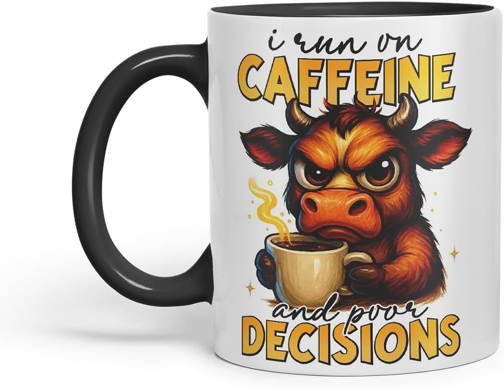 Vixar I Run On Caffeine and Poor Decisions Funny Cow Mug – Coloured Ceramic Mug Cup Gift, 11oz (Black)