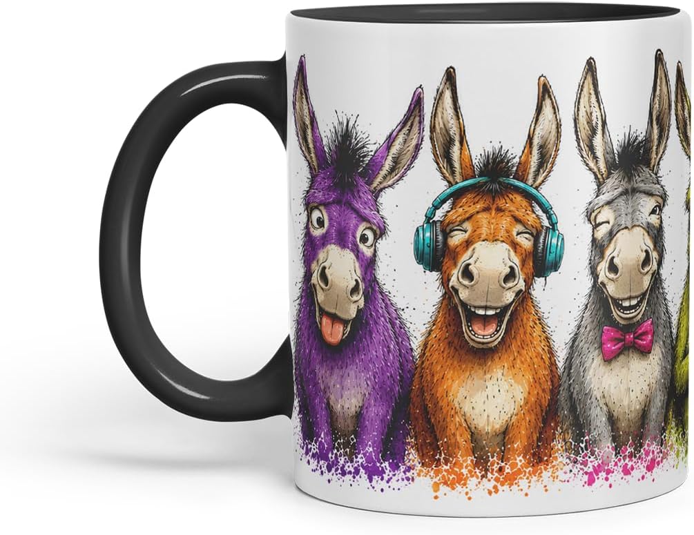 Vixar Funny Donkey Mug – Cute Donkey Animal Coloured Ceramic Mug Cup Gift, 11oz (Black)