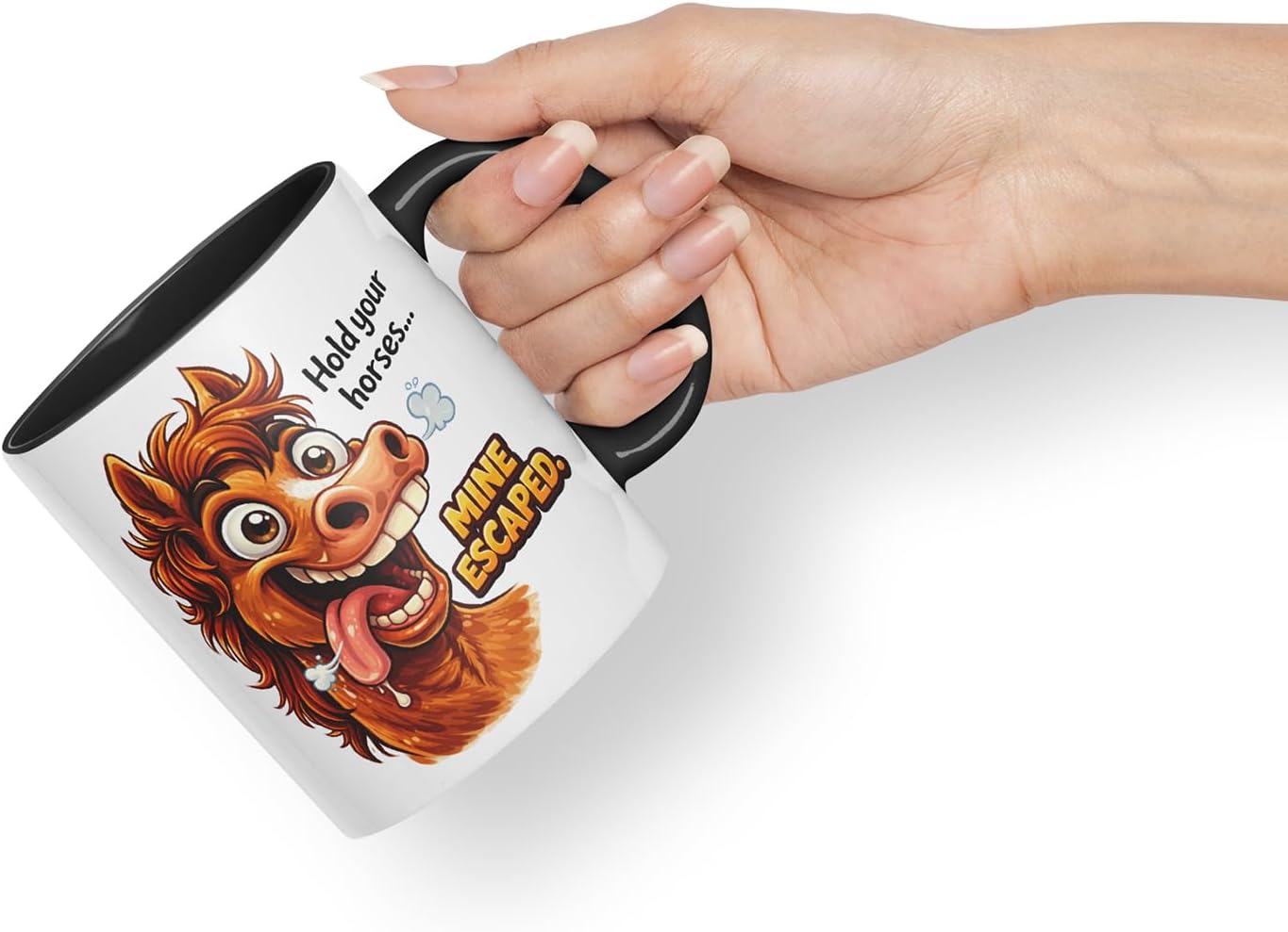 Vixar Hold Your Horses Mine Escaped Horse Coloured Ceramic Mug Cup Gift, 11oz (Black)