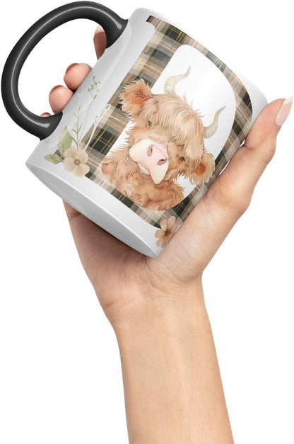 Vixar Highland Cow Alphabet Monogram Coloured Ceramic Cup Mug – Letter D – Rustic Farmhouse Animal Letter Gift – 11oz (Black)